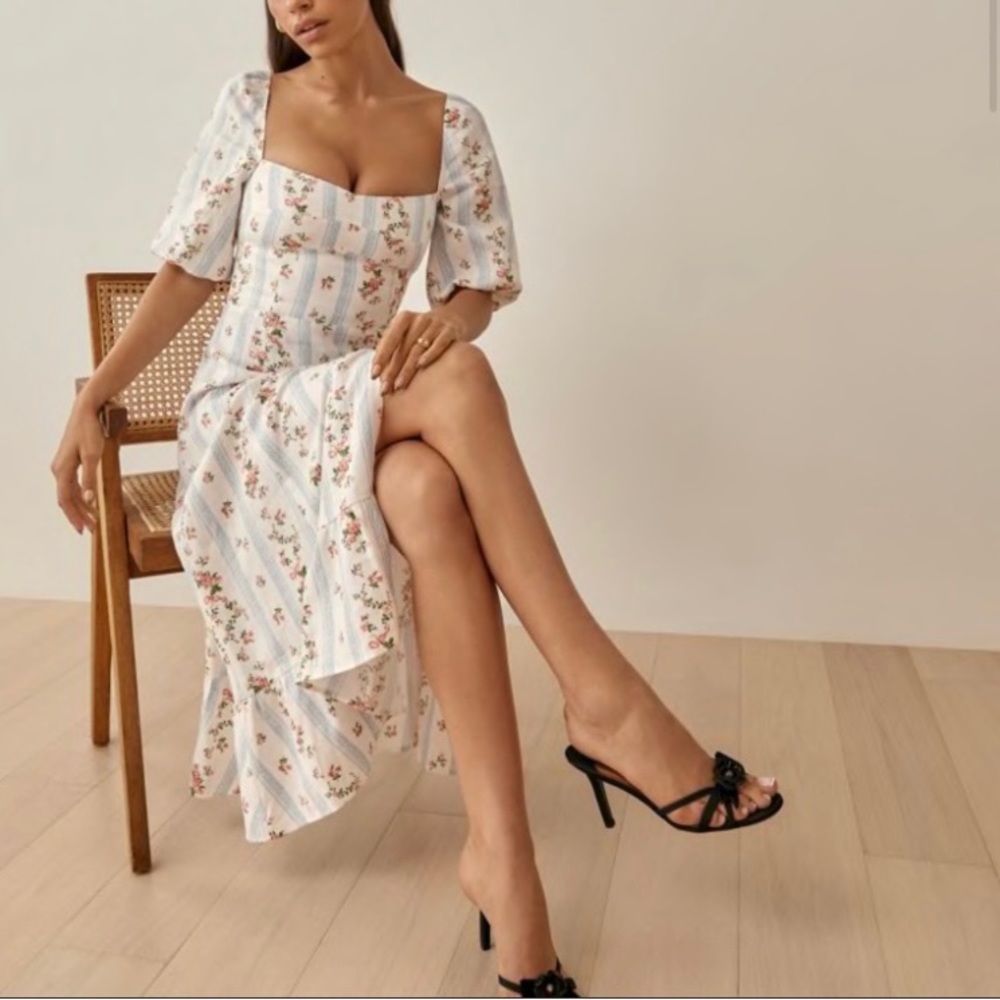 Reformation White Stripe Floral Midi Dress with Pink Roses - Picture 2 of 11
